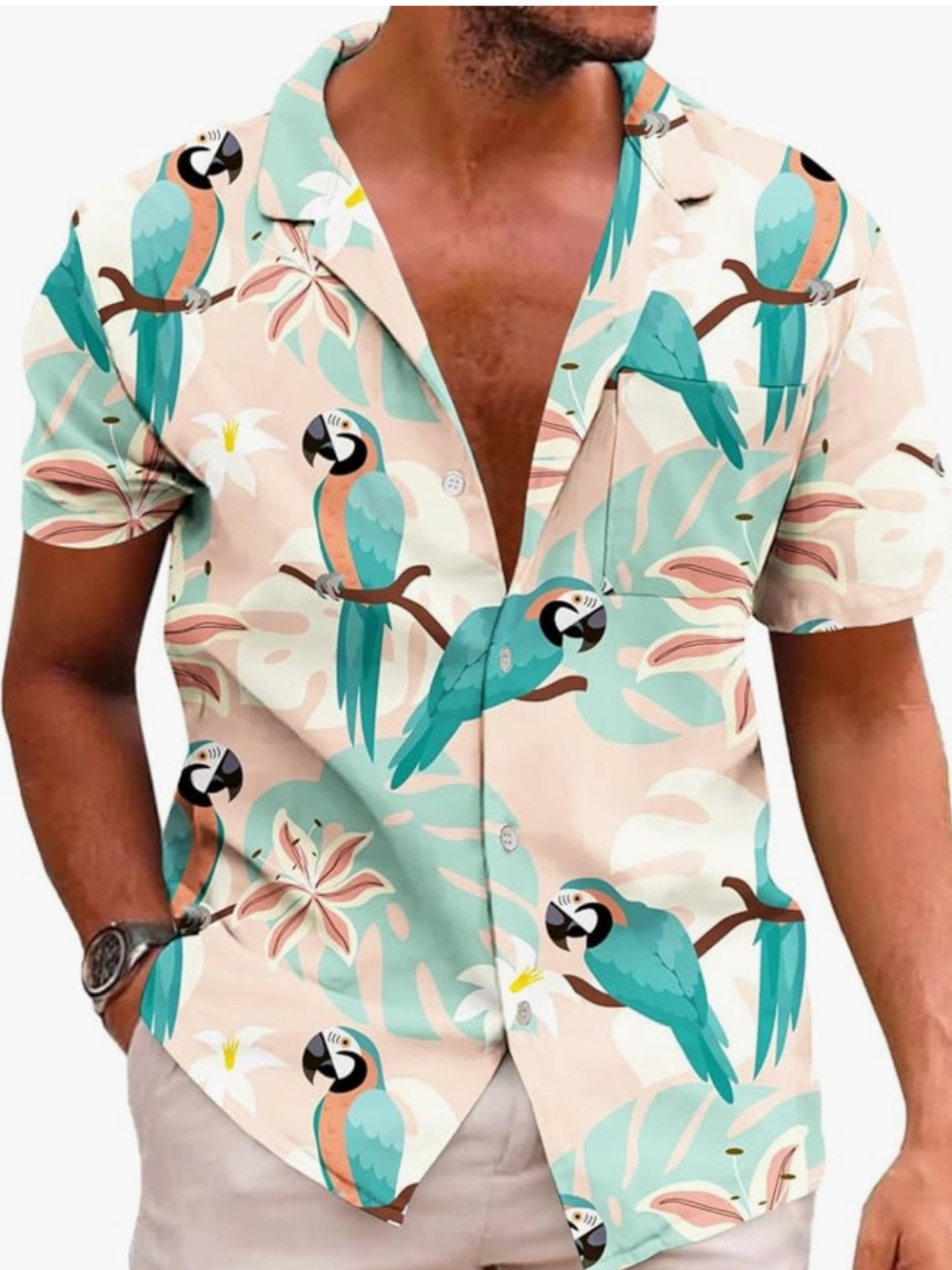 Men's Tropical Parrot Print Short Sleeve Button-Down Shirt - Teal